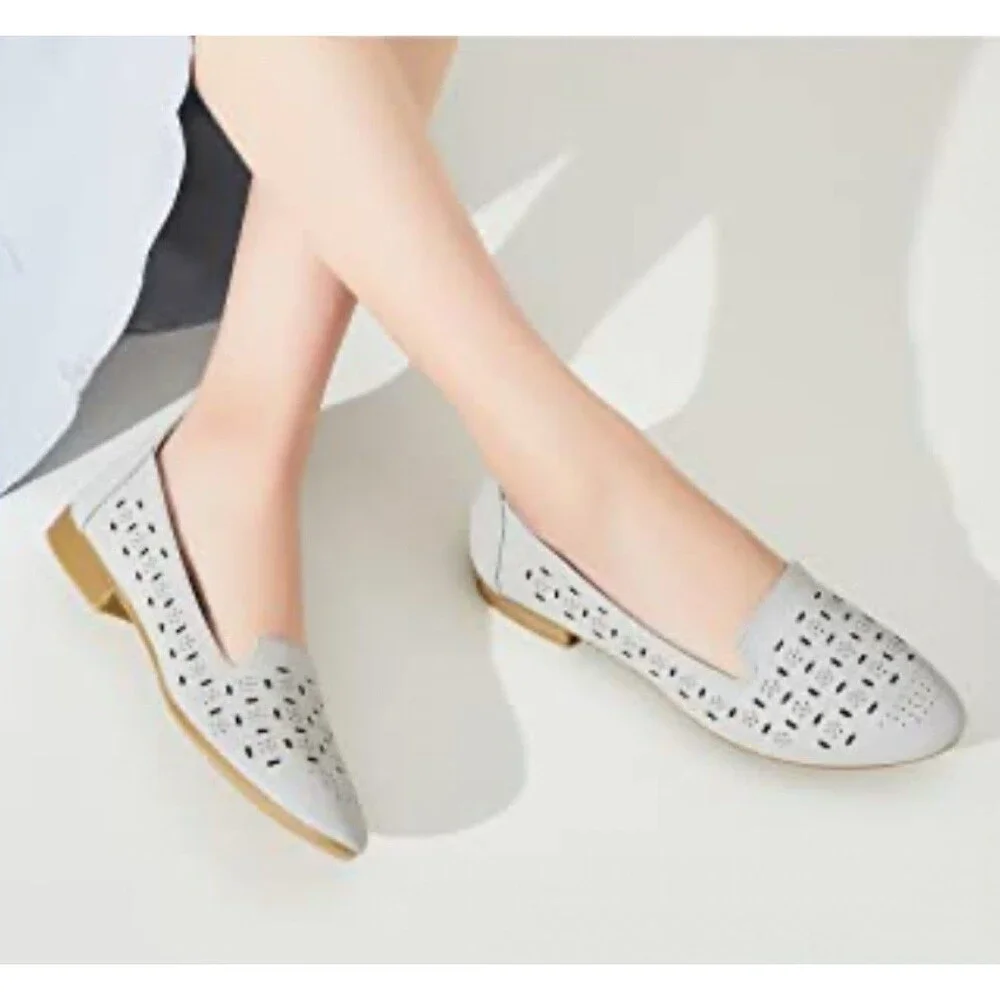 Rominz Women's Flats Shoes Comfortable Grey PU Leather Ballet Flats Size 6